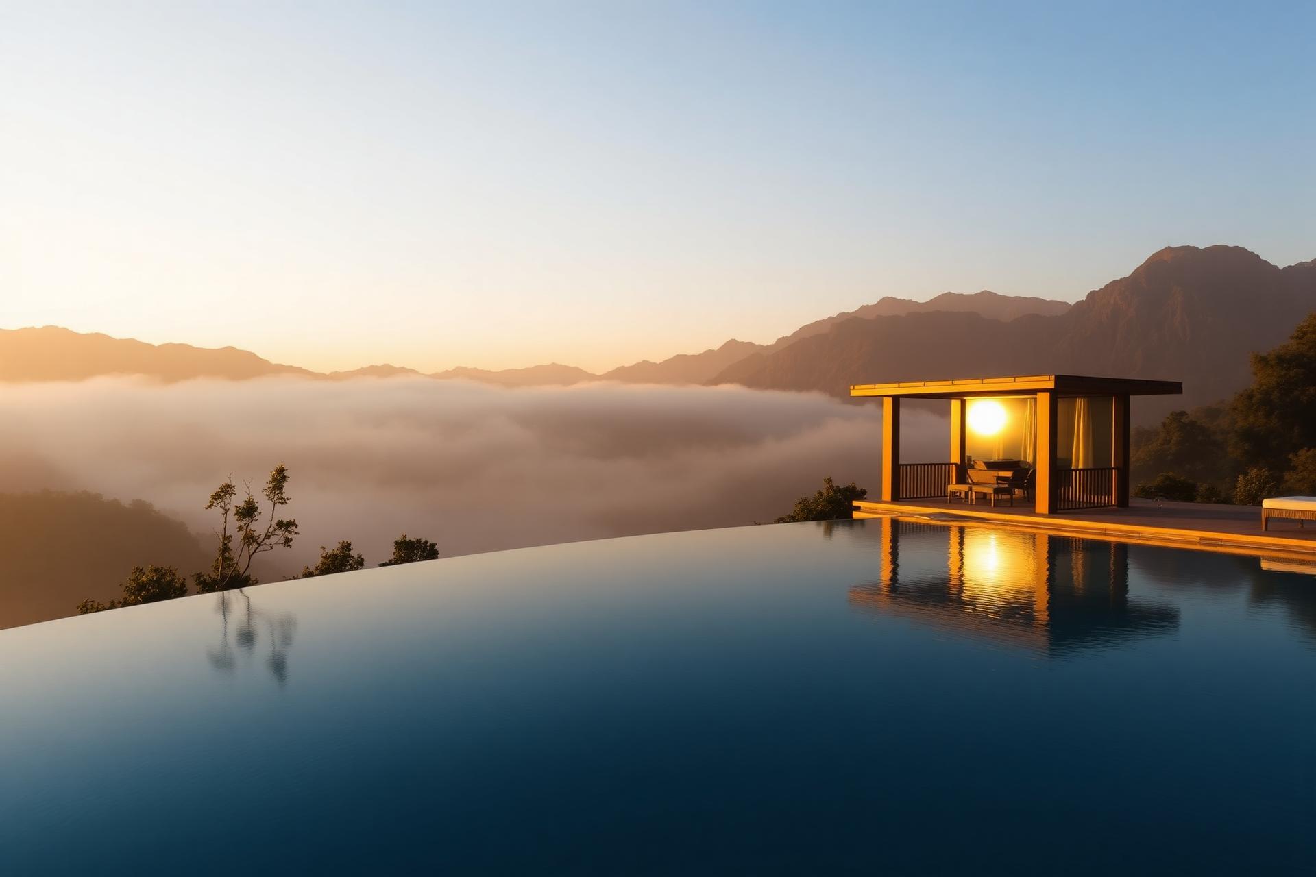 A luxury infinity pool overlooking misty mountains at golden hour